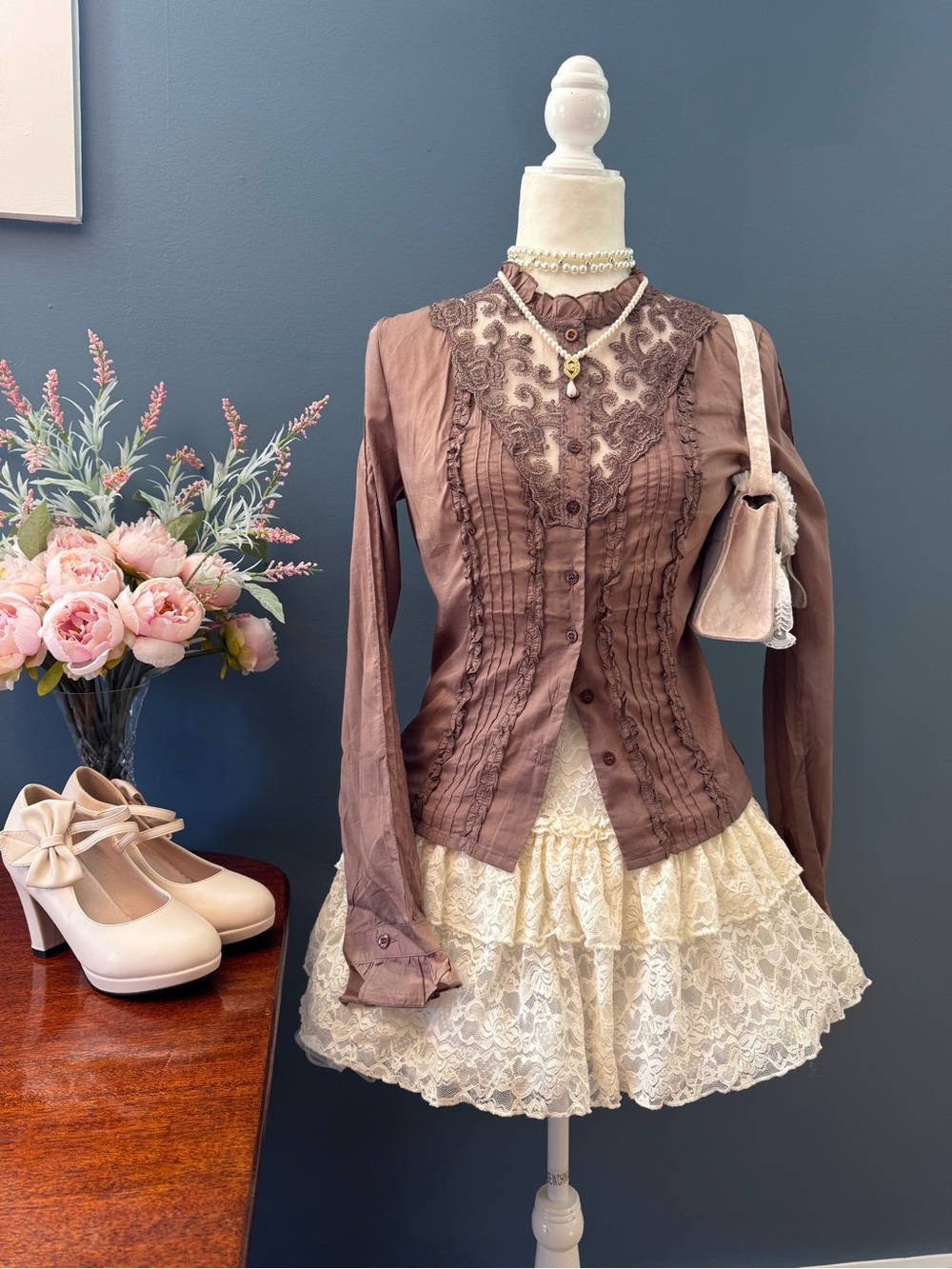 NWT Orange USA Y2K Victorian Lace Ruffle Corset Blouse Top ~ Medium
